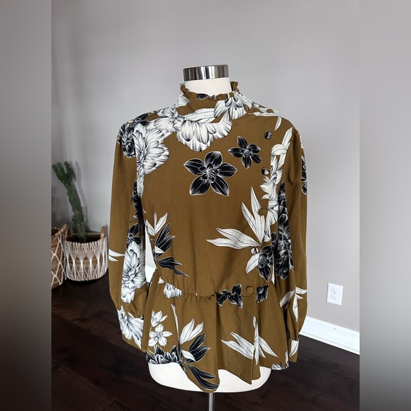 Who What Wear Tops - Who What Wear x Target Asymmetrical Button Peplum Blouse Brown Mustard Floral LG
